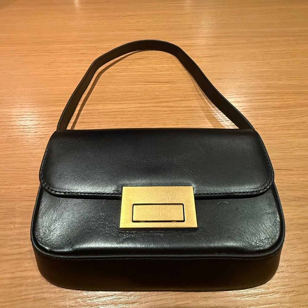 NWT Loeffler Randall Black, small, leather evening bag with brass clasp
